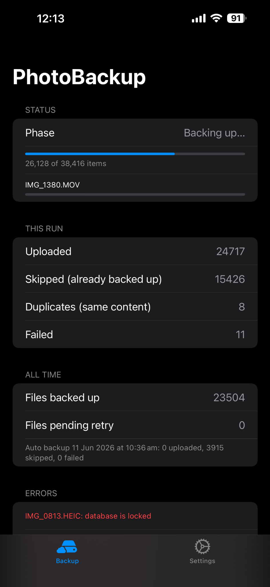 Actual early app backup screen